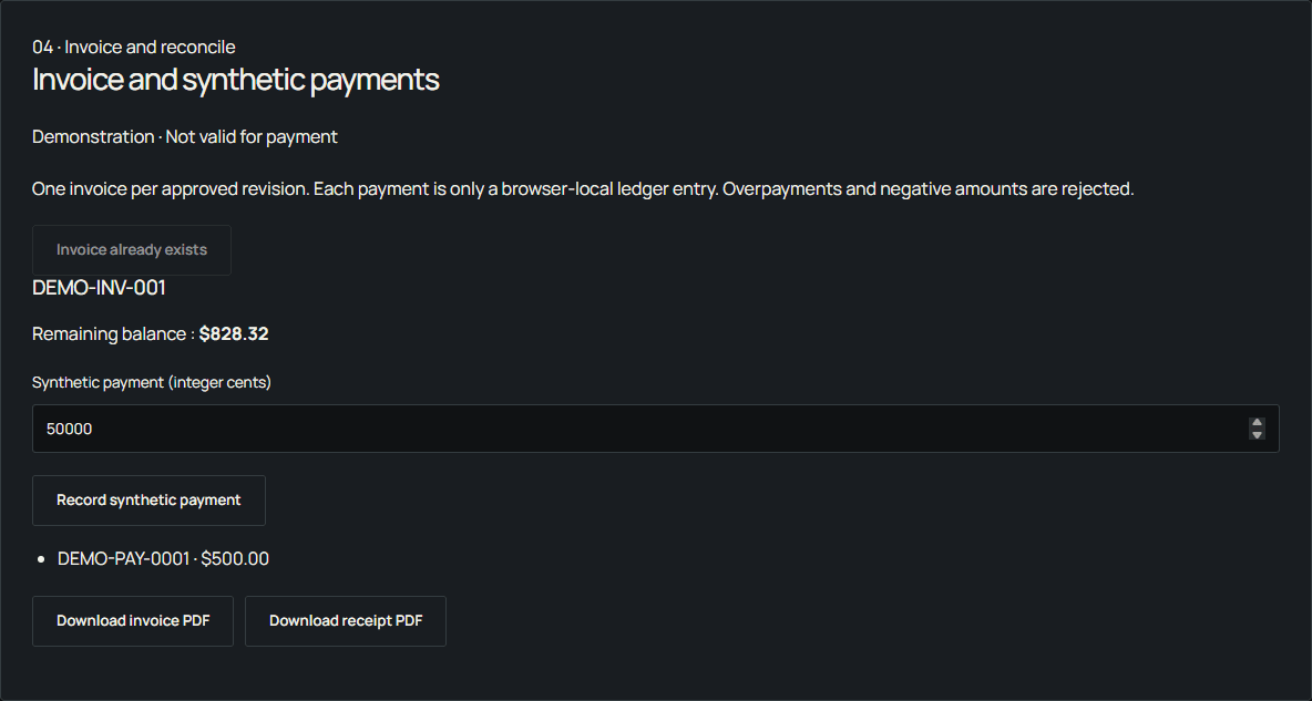 Fictional invoice after a synthetic payment. Not valid for payment.