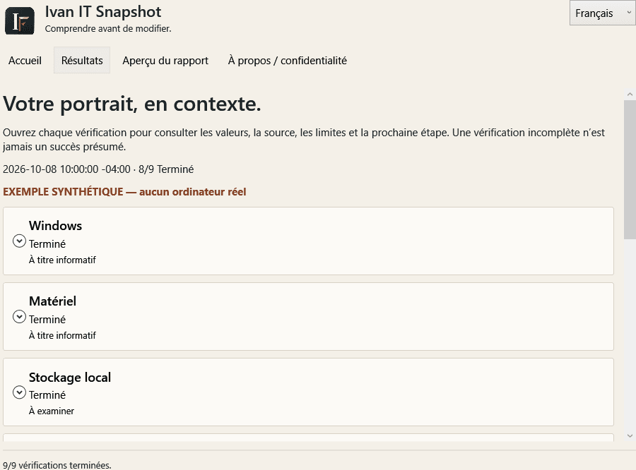 Application Windows réelle affichant un exemple synthétique : vérifications terminées et chiffrement non vérifié avec les autorisations actuelles.